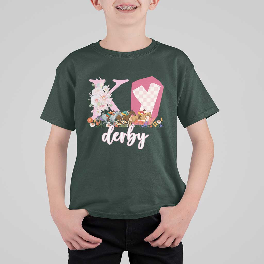 Retro Floral KY Horse Racing Graphic T Shirt For Kid Pink Gingham Southern Belle Derby Day Aesthetic