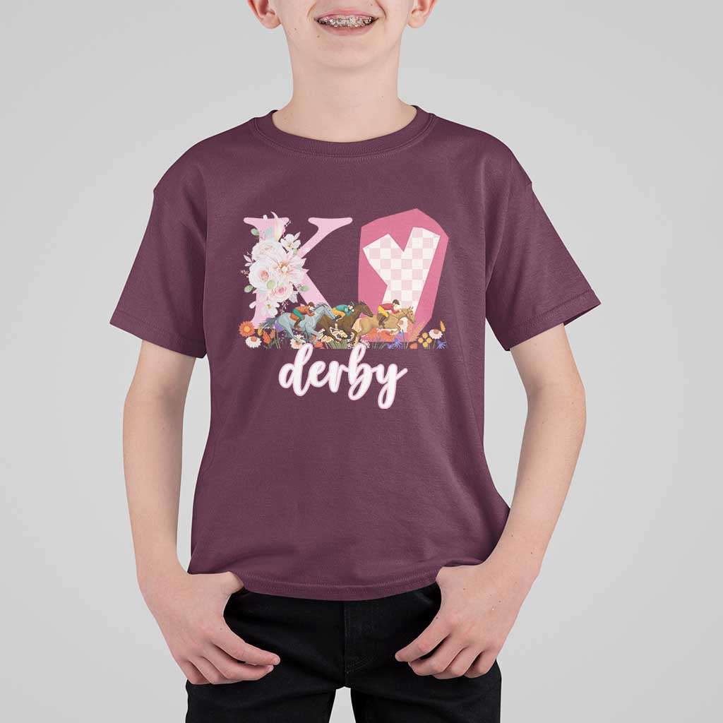Retro Floral KY Horse Racing Graphic T Shirt For Kid Pink Gingham Southern Belle Derby Day Aesthetic
