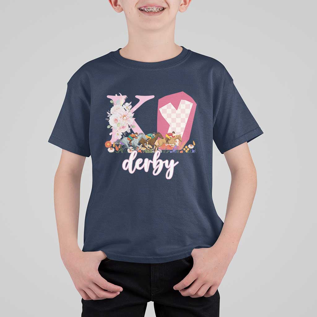 Retro Floral KY Horse Racing Graphic T Shirt For Kid Pink Gingham Southern Belle Derby Day Aesthetic