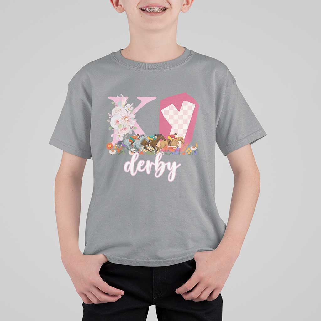 Retro Floral KY Horse Racing Graphic T Shirt For Kid Pink Gingham Southern Belle Derby Day Aesthetic