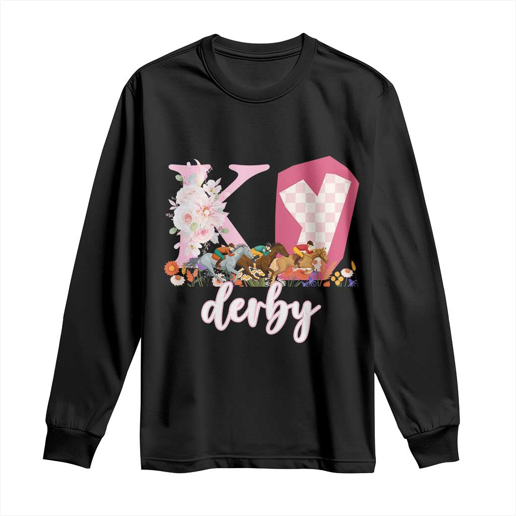 Retro Floral KY Horse Racing Graphic Long Sleeve Shirt Pink Gingham Southern Belle Derby Day Aesthetic