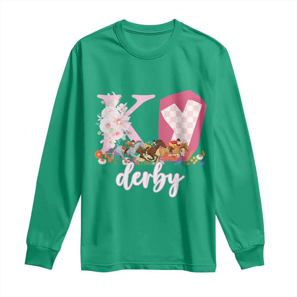 Retro Floral KY Horse Racing Graphic Long Sleeve Shirt Pink Gingham Southern Belle Derby Day Aesthetic