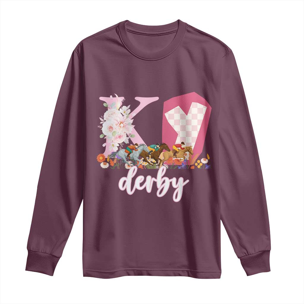 Retro Floral KY Horse Racing Graphic Long Sleeve Shirt Pink Gingham Southern Belle Derby Day Aesthetic