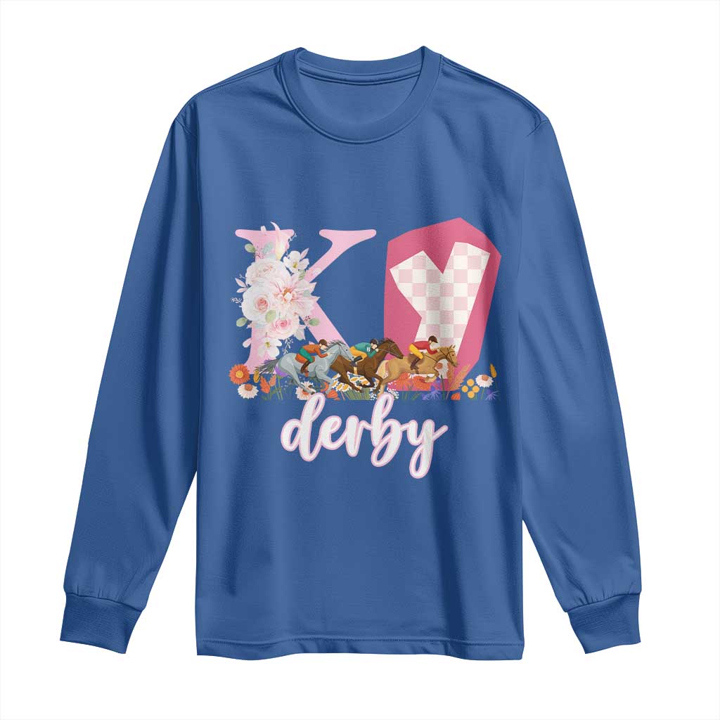 Retro Floral KY Horse Racing Graphic Long Sleeve Shirt Pink Gingham Southern Belle Derby Day Aesthetic