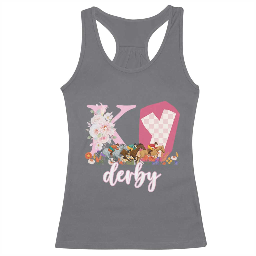 Retro Floral KY Horse Racing Graphic Racerback Tank Top Pink Gingham Southern Belle Derby Day Aesthetic