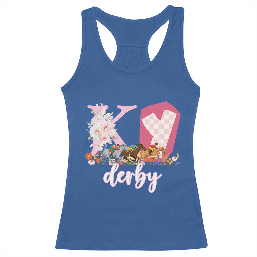 Retro Floral KY Horse Racing Graphic Racerback Tank Top Pink Gingham Southern Belle Derby Day Aesthetic