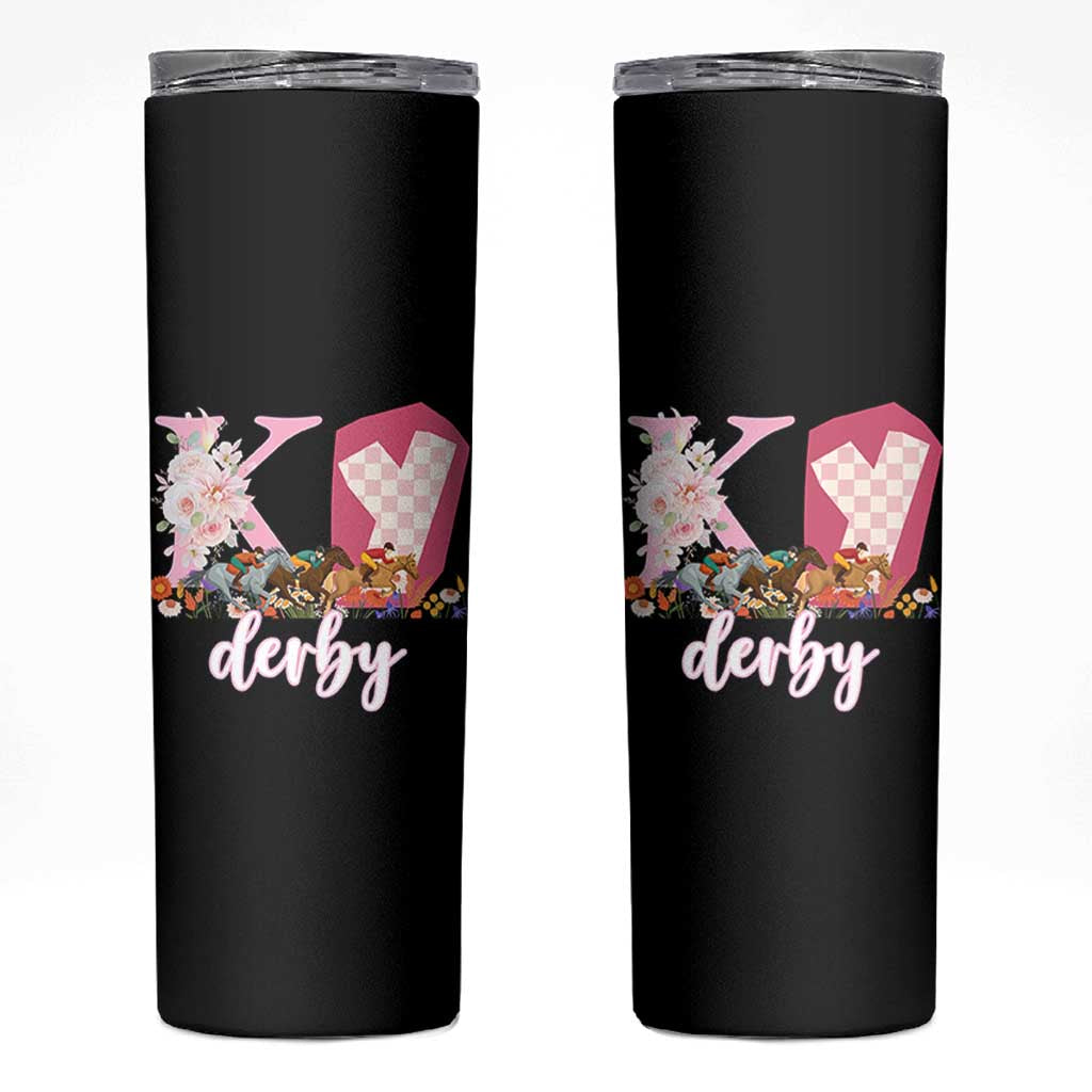 Retro Floral KY Horse Racing Graphic Skinny Tumbler Pink Gingham Southern Belle Derby Day Aesthetic