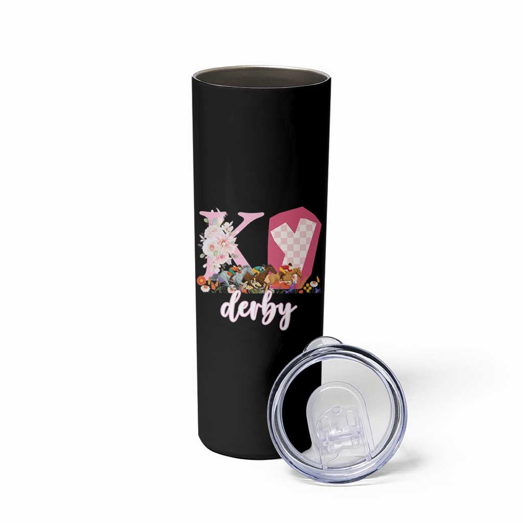 Retro Floral KY Horse Racing Graphic Skinny Tumbler Pink Gingham Southern Belle Derby Day Aesthetic