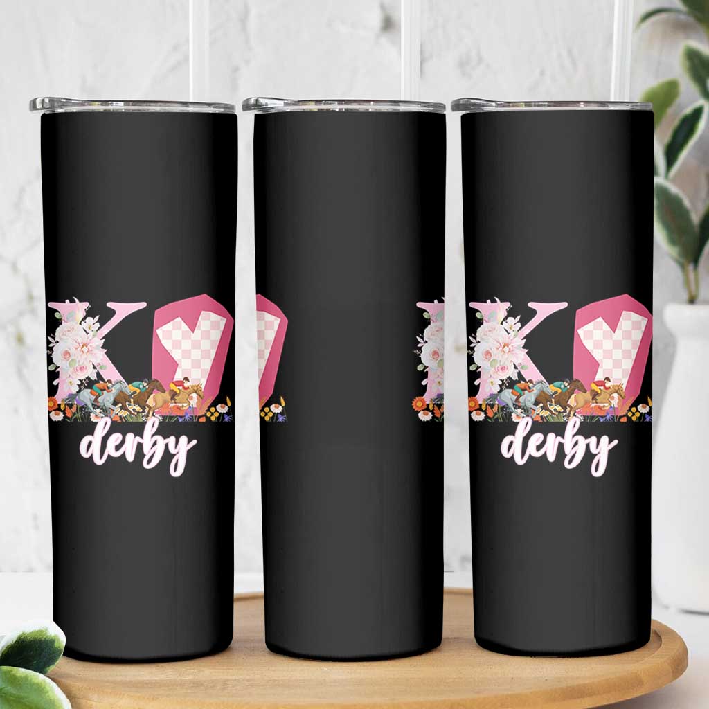Retro Floral KY Horse Racing Graphic Skinny Tumbler Pink Gingham Southern Belle Derby Day Aesthetic