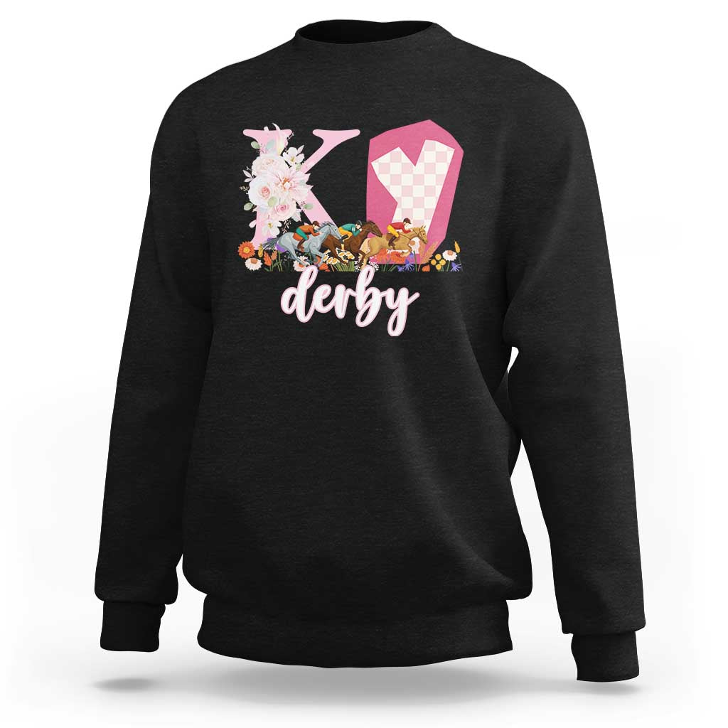 Retro Floral KY Horse Racing Graphic Sweatshirt Pink Gingham Southern Belle Derby Day Aesthetic