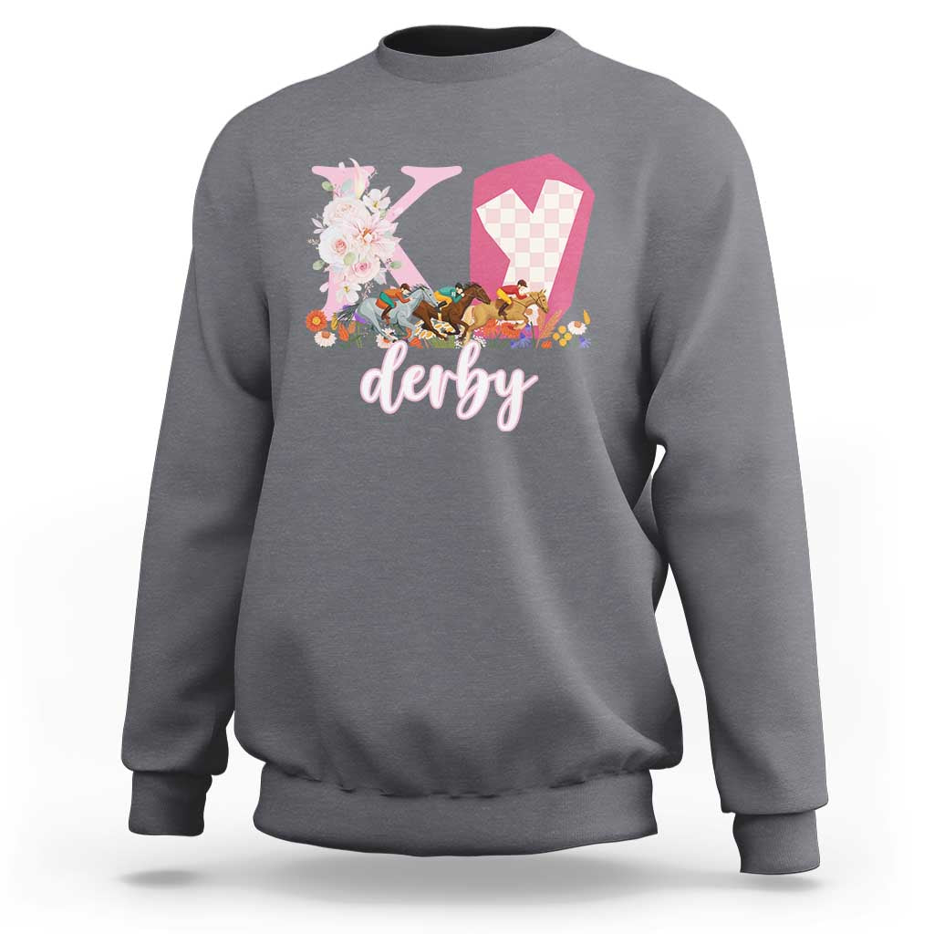 Retro Floral KY Horse Racing Graphic Sweatshirt Pink Gingham Southern Belle Derby Day Aesthetic