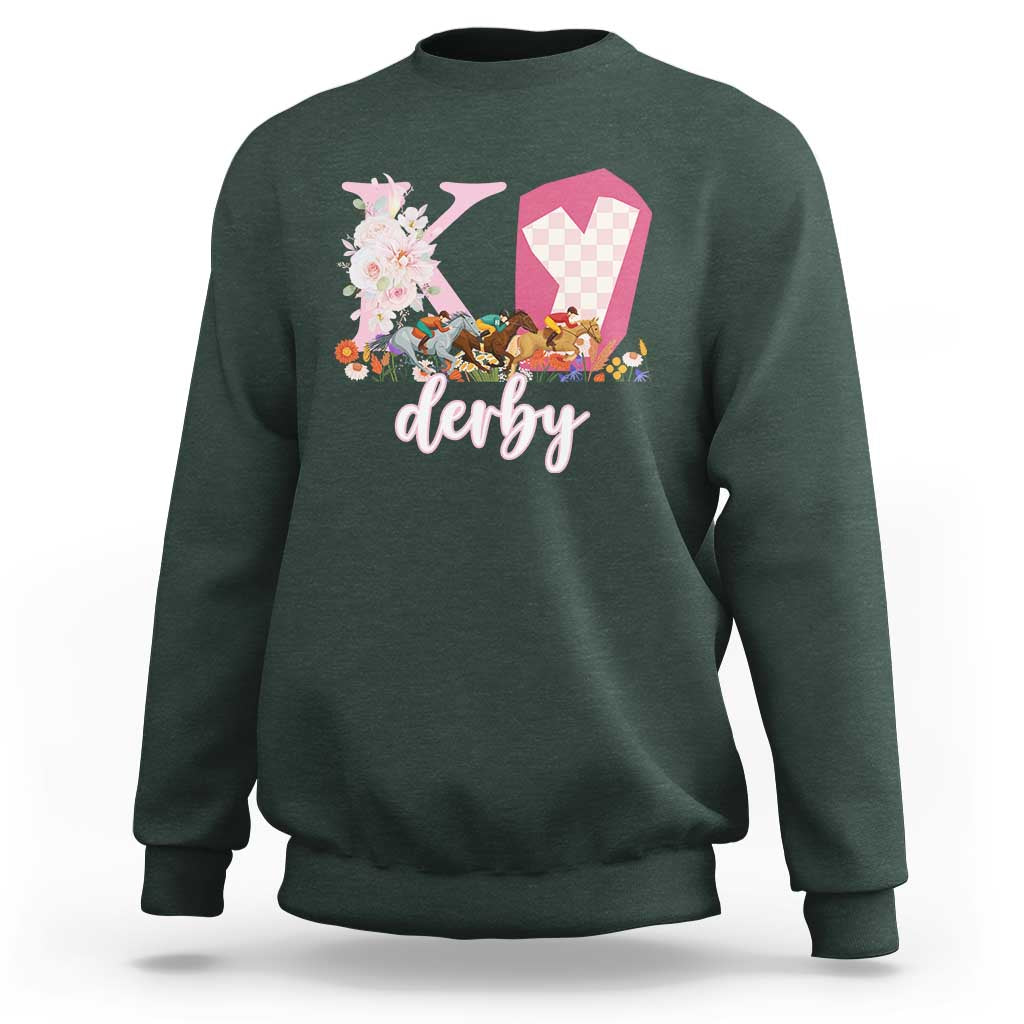 Retro Floral KY Horse Racing Graphic Sweatshirt Pink Gingham Southern Belle Derby Day Aesthetic
