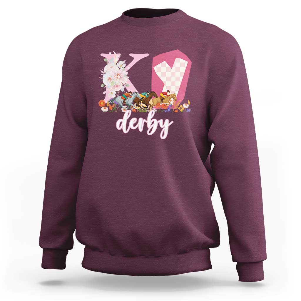 Retro Floral KY Horse Racing Graphic Sweatshirt Pink Gingham Southern Belle Derby Day Aesthetic