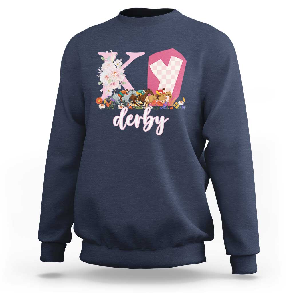 Retro Floral KY Horse Racing Graphic Sweatshirt Pink Gingham Southern Belle Derby Day Aesthetic