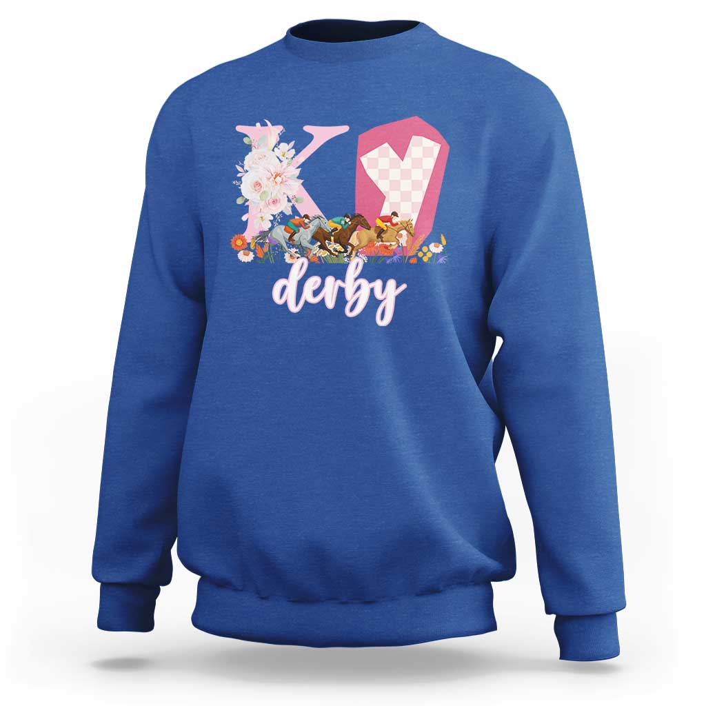 Retro Floral KY Horse Racing Graphic Sweatshirt Pink Gingham Southern Belle Derby Day Aesthetic