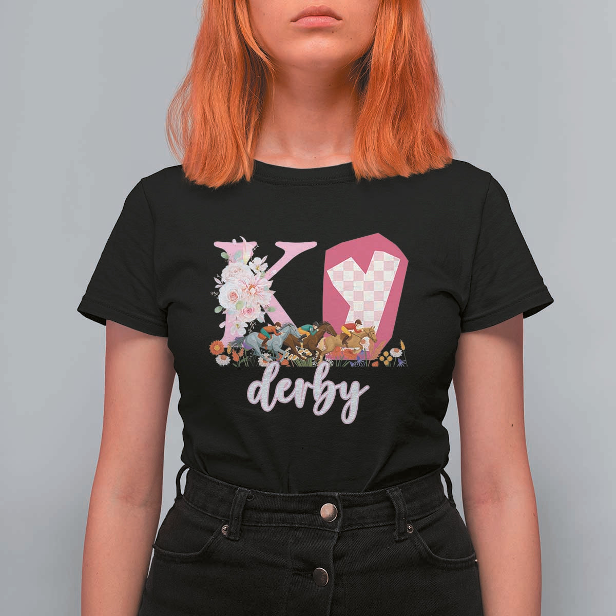 Retro Floral KY Horse Racing Graphic T Shirt For Women Pink Gingham Southern Belle Derby Day Aesthetic