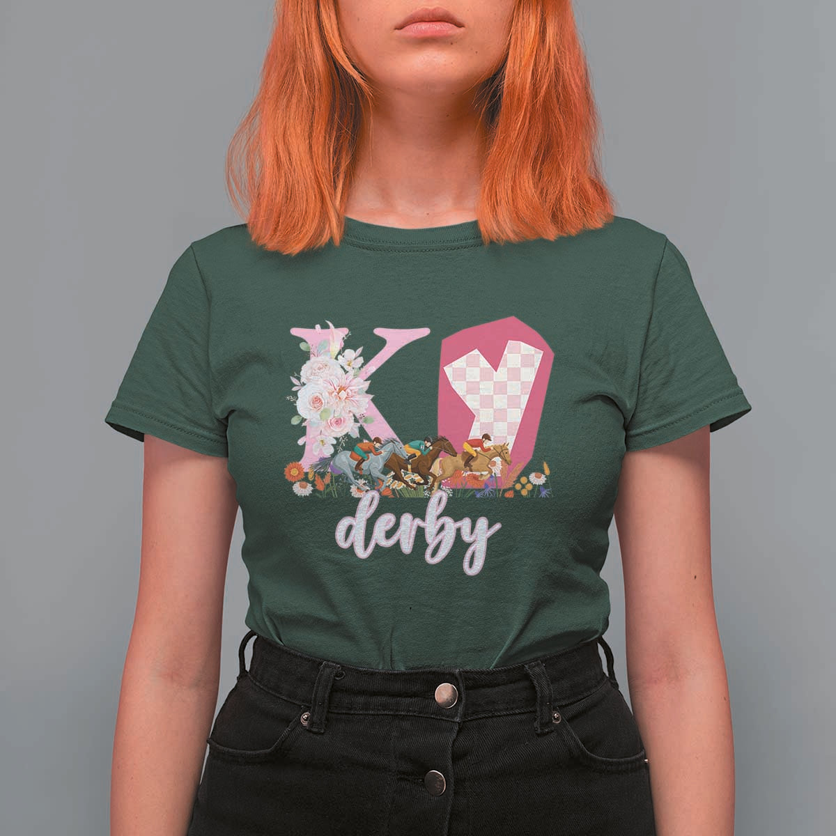 Retro Floral KY Horse Racing Graphic T Shirt For Women Pink Gingham Southern Belle Derby Day Aesthetic