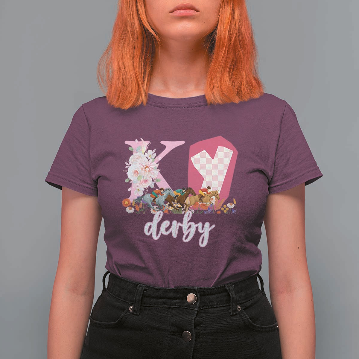 Retro Floral KY Horse Racing Graphic T Shirt For Women Pink Gingham Southern Belle Derby Day Aesthetic