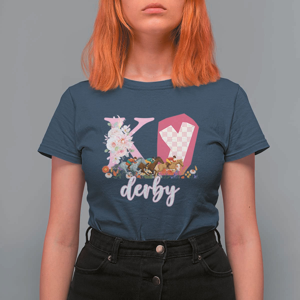 Retro Floral KY Horse Racing Graphic T Shirt For Women Pink Gingham Southern Belle Derby Day Aesthetic