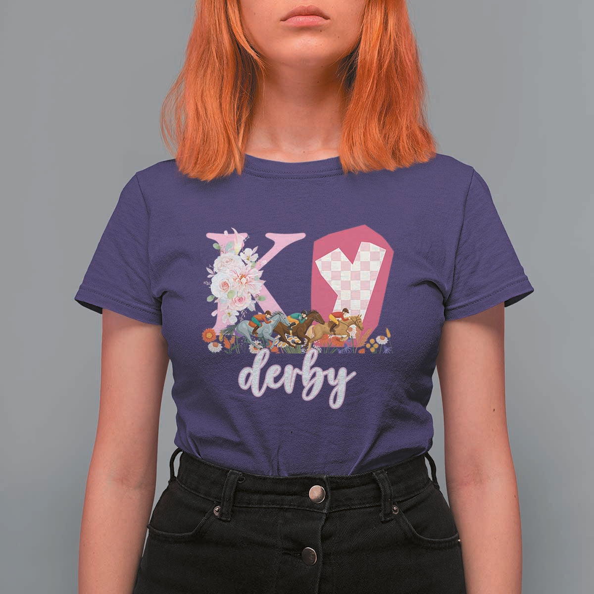 Retro Floral KY Horse Racing Graphic T Shirt For Women Pink Gingham Southern Belle Derby Day Aesthetic