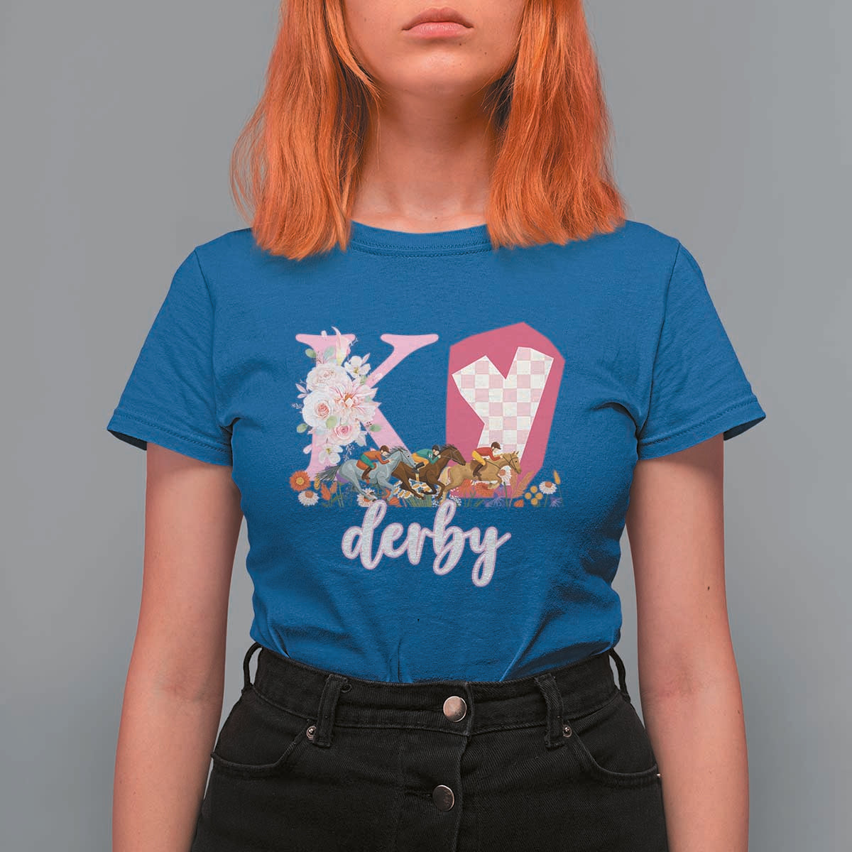 Retro Floral KY Horse Racing Graphic T Shirt For Women Pink Gingham Southern Belle Derby Day Aesthetic
