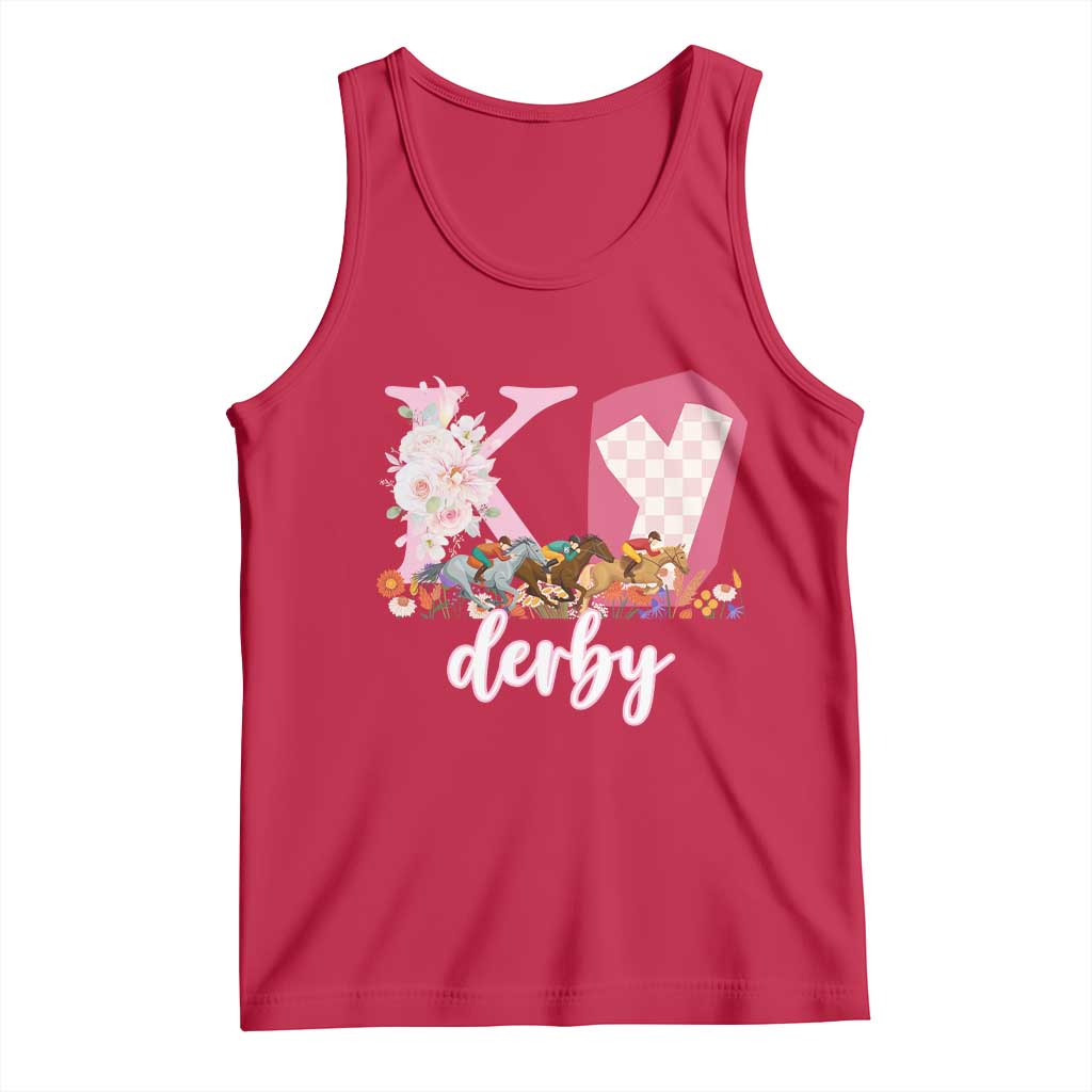 Retro Floral KY Horse Racing Graphic Tank Top Pink Gingham Southern Belle Derby Day Aesthetic