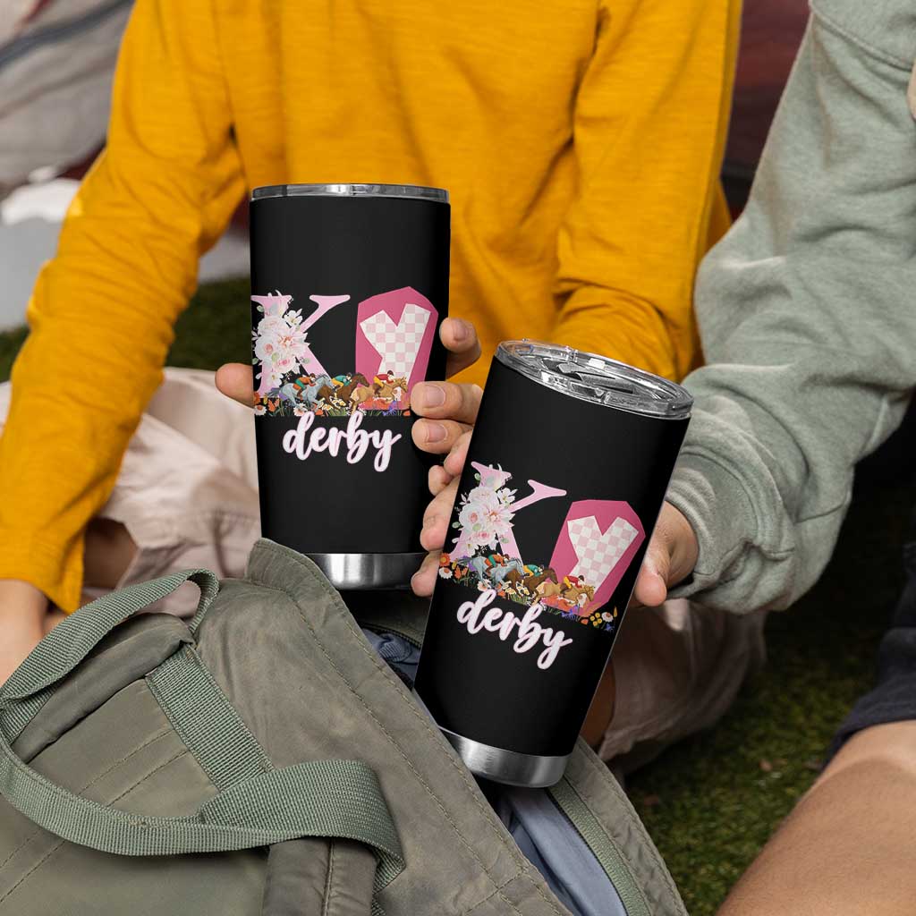 Retro Floral KY Horse Racing Graphic Tumbler Cup Pink Gingham Southern Belle Derby Day Aesthetic