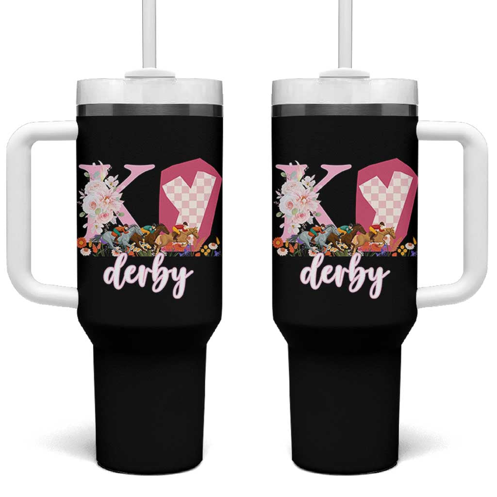 Retro Floral KY Horse Racing Graphic Tumbler With Handle Pink Gingham Southern Belle Derby Day Aesthetic