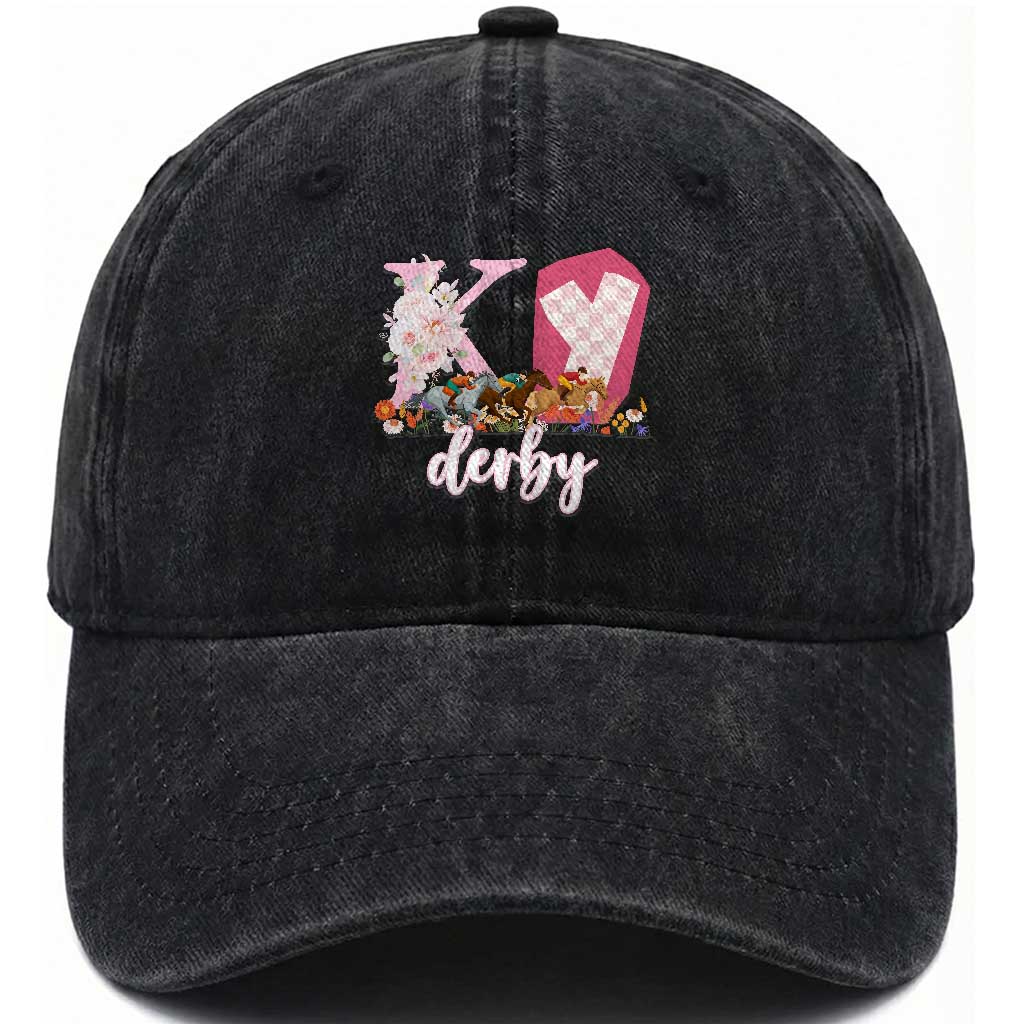 Retro Floral KY Horse Racing Graphic Washed Cotton Baseball Cap Pink Gingham Southern Belle Derby Day Aesthetic