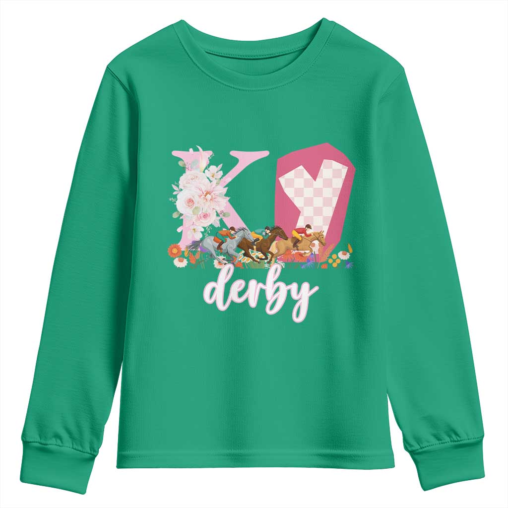 Retro Floral KY Horse Racing Graphic Youth Sweatshirt Pink Gingham Southern Belle Derby Day Aesthetic