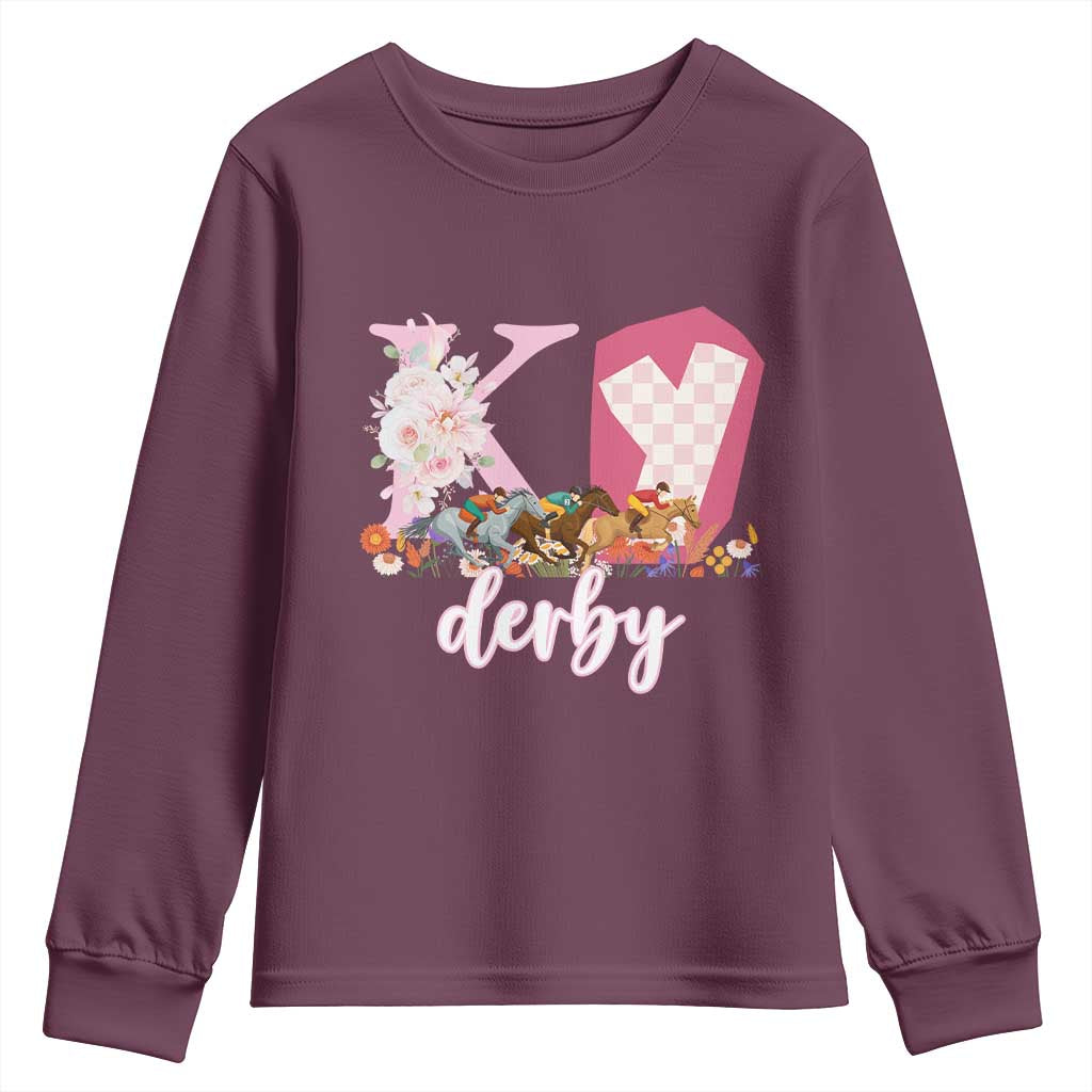 Retro Floral KY Horse Racing Graphic Youth Sweatshirt Pink Gingham Southern Belle Derby Day Aesthetic