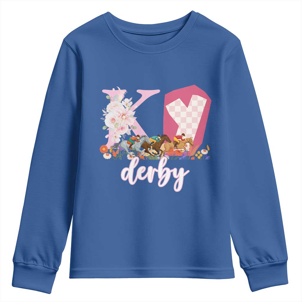 Retro Floral KY Horse Racing Graphic Youth Sweatshirt Pink Gingham Southern Belle Derby Day Aesthetic