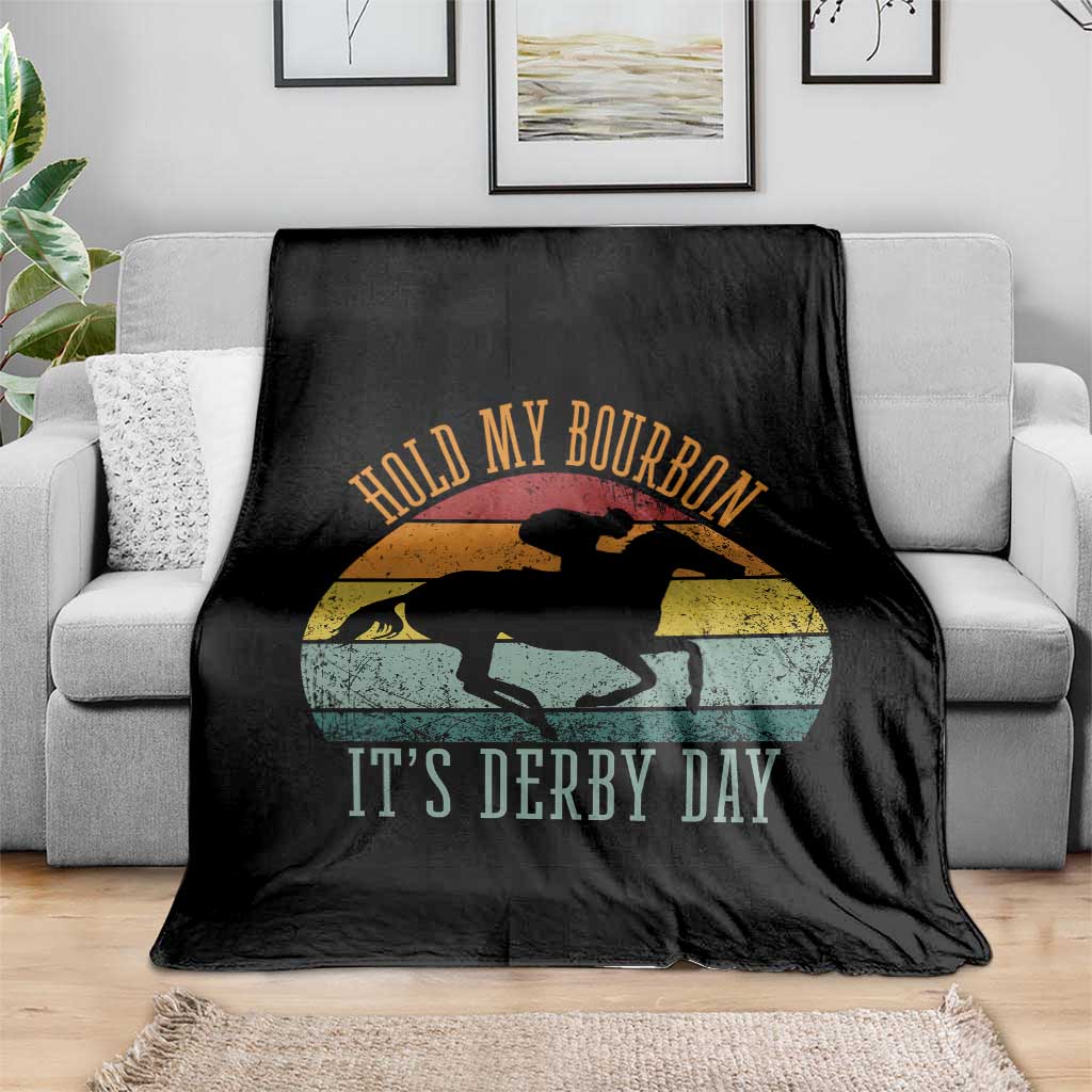 Hold My Bourbon It’s Derby Day Vintage Sunset Throw Blanket Funny Horse Racing Enthusiast Retro Graphic