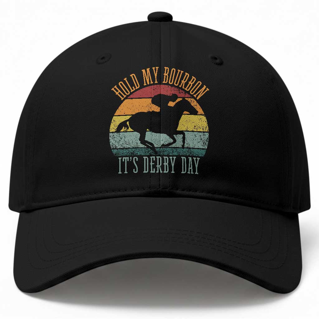 Hold My Bourbon It’s Derby Day Vintage Sunset Baseball Cap Funny Horse Racing Enthusiast Retro Graphic