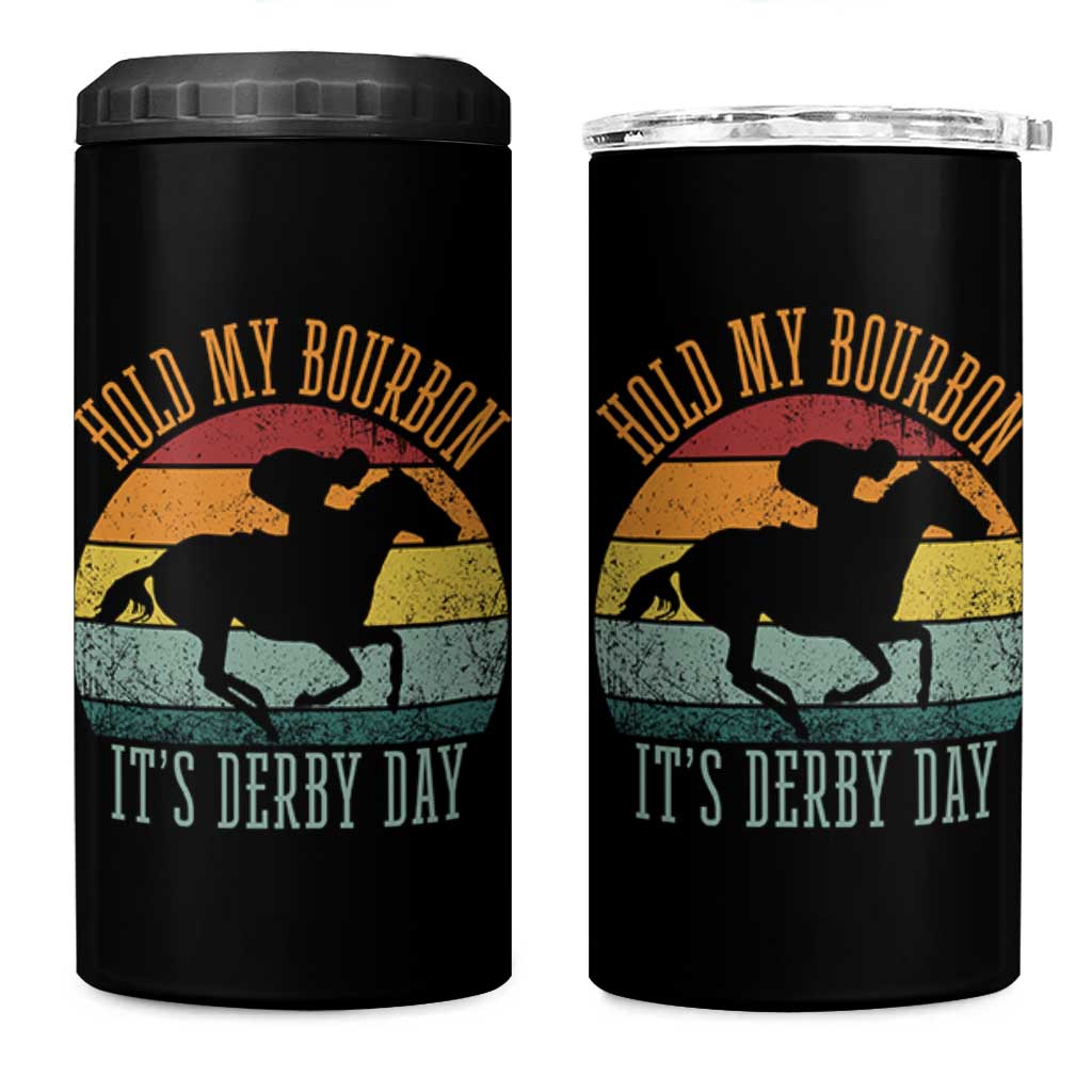 Hold My Bourbon It’s Derby Day Vintage Sunset 4 in 1 Can Cooler Tumbler Funny Horse Racing Enthusiast Retro Graphic