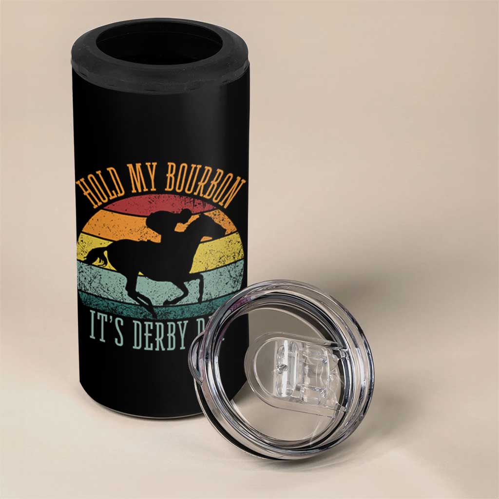 Hold My Bourbon It’s Derby Day Vintage Sunset 4 in 1 Can Cooler Tumbler Funny Horse Racing Enthusiast Retro Graphic