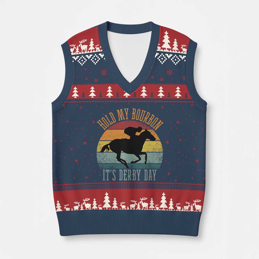 Hold My Bourbon It’s Derby Day Vintage Sunset V-Neck Knit Sweater Vest Funny Horse Racing Enthusiast Retro Graphic