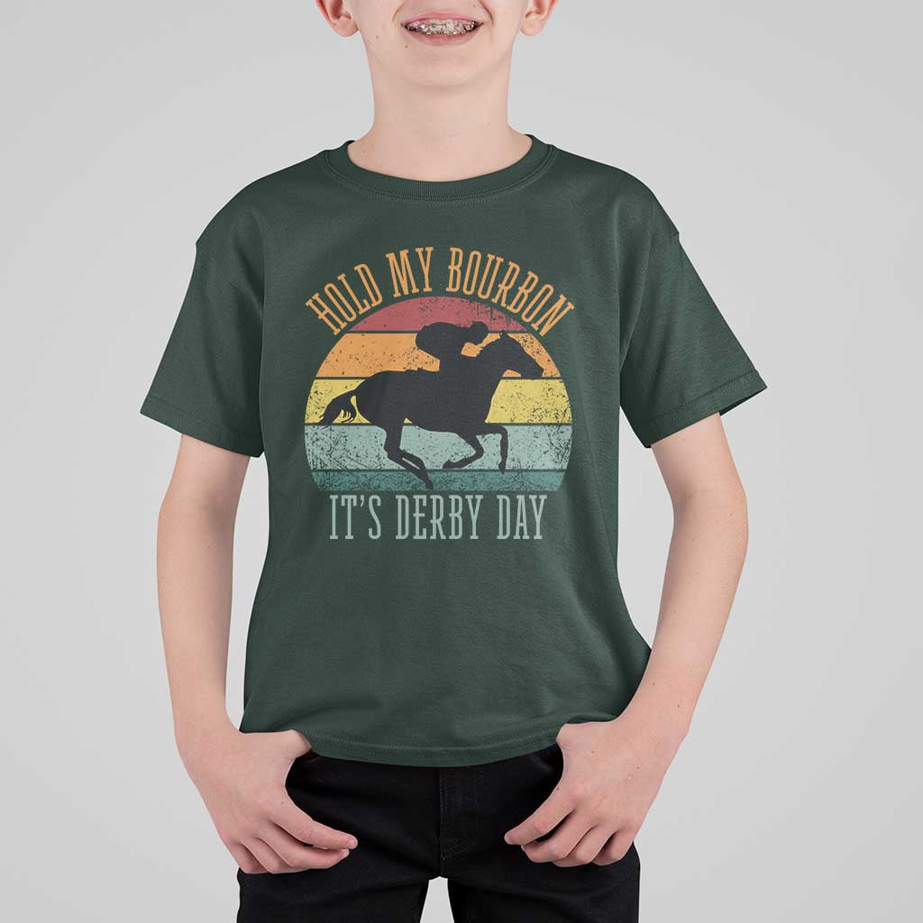 Hold My Bourbon It’s Derby Day Vintage Sunset T Shirt For Kid Funny Horse Racing Enthusiast Retro Graphic