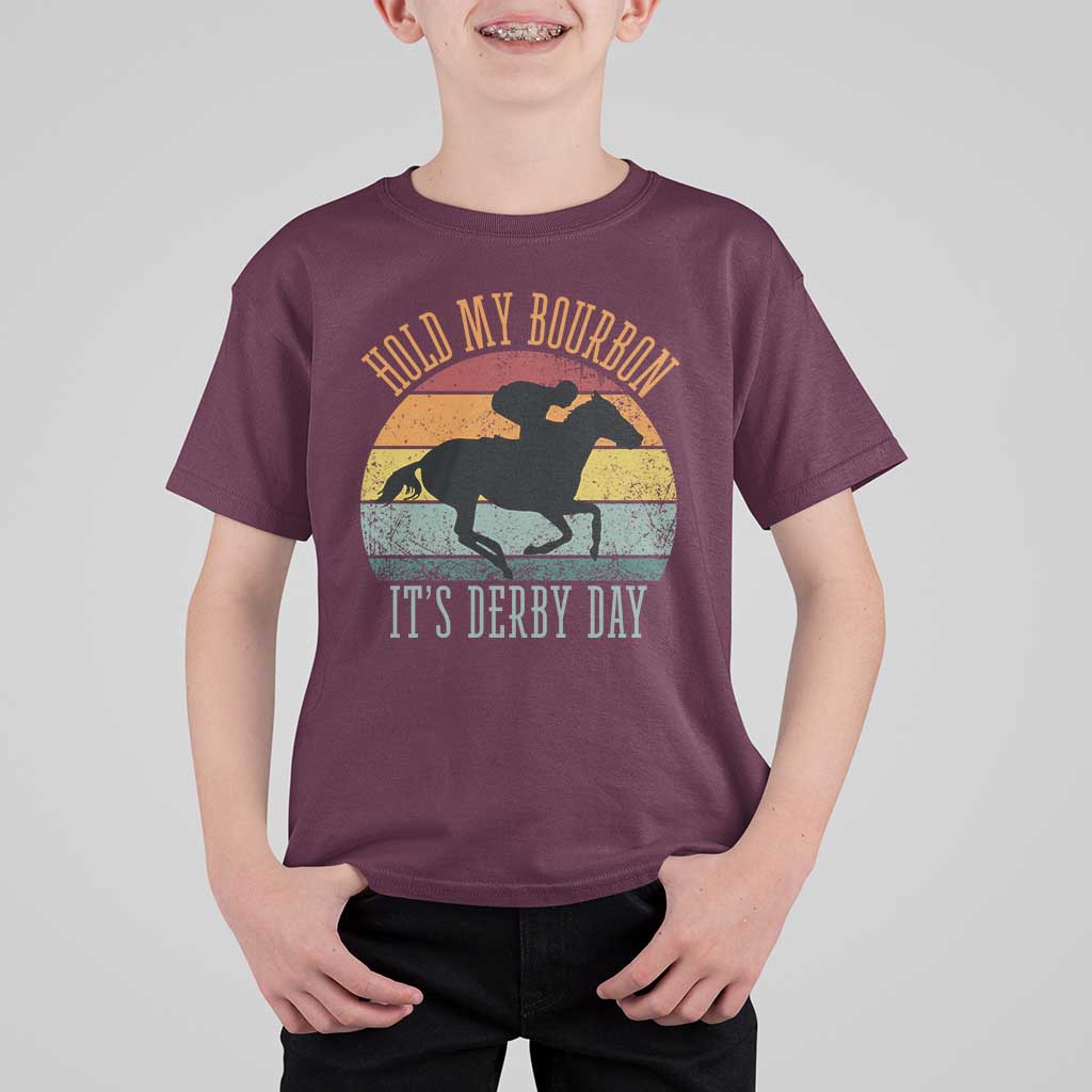 Hold My Bourbon It’s Derby Day Vintage Sunset T Shirt For Kid Funny Horse Racing Enthusiast Retro Graphic