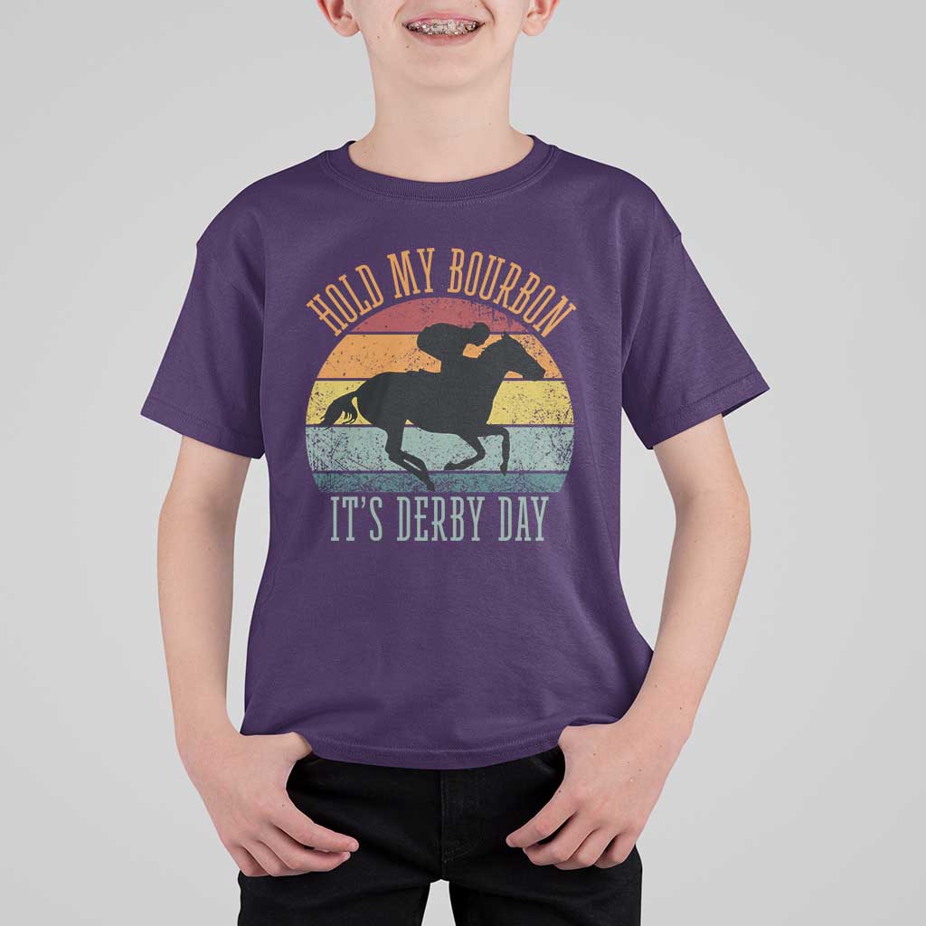 Hold My Bourbon It’s Derby Day Vintage Sunset T Shirt For Kid Funny Horse Racing Enthusiast Retro Graphic