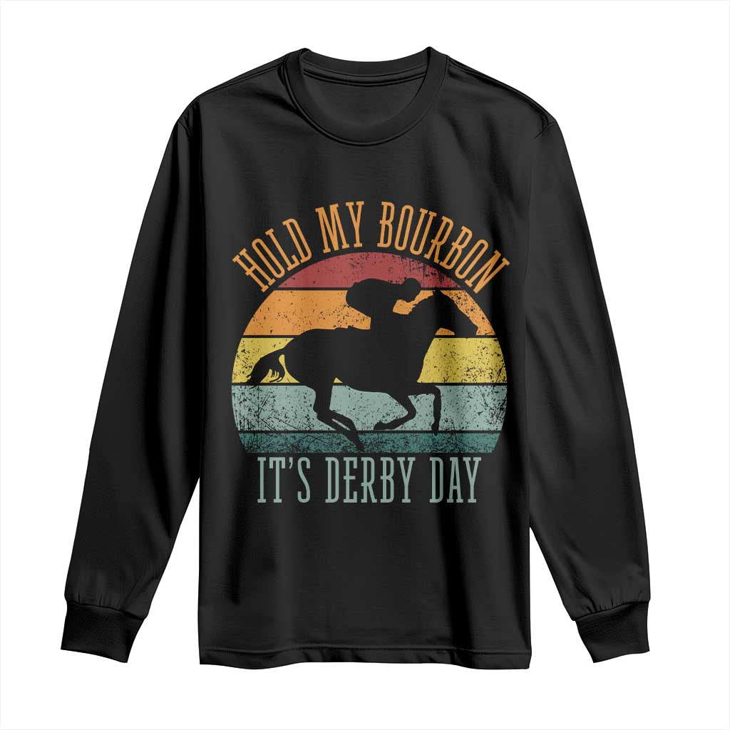 Hold My Bourbon It’s Derby Day Vintage Sunset Long Sleeve Shirt Funny Horse Racing Enthusiast Retro Graphic