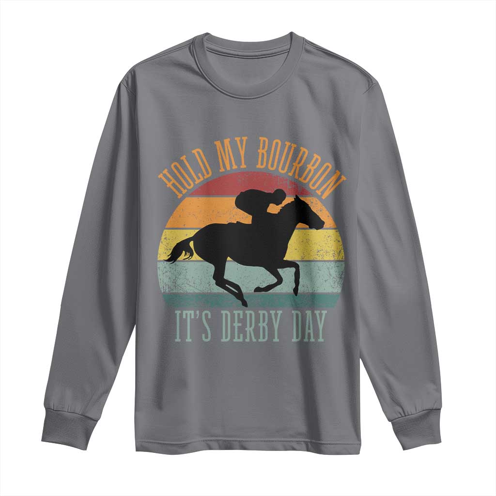 Hold My Bourbon It’s Derby Day Vintage Sunset Long Sleeve Shirt Funny Horse Racing Enthusiast Retro Graphic