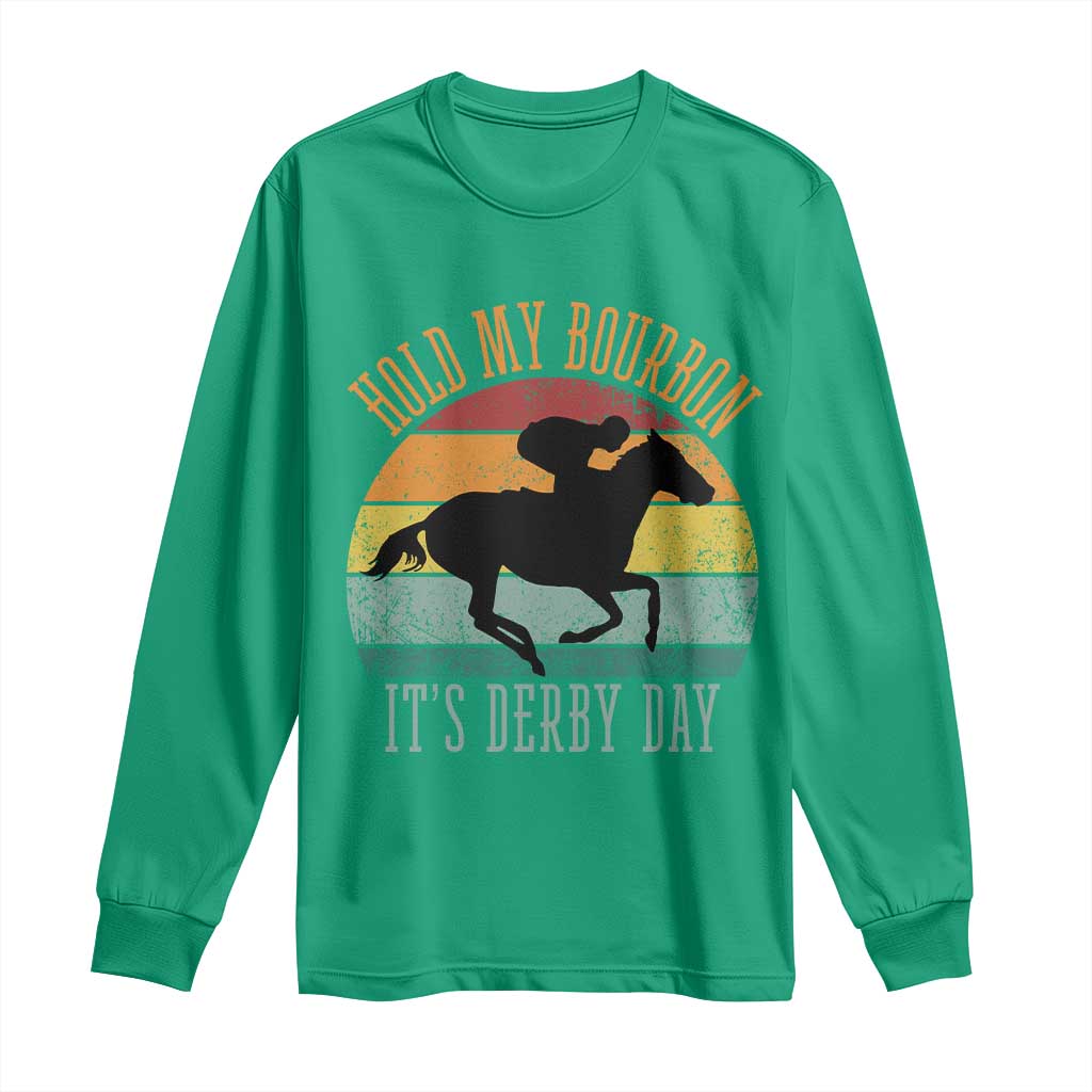 Hold My Bourbon It’s Derby Day Vintage Sunset Long Sleeve Shirt Funny Horse Racing Enthusiast Retro Graphic