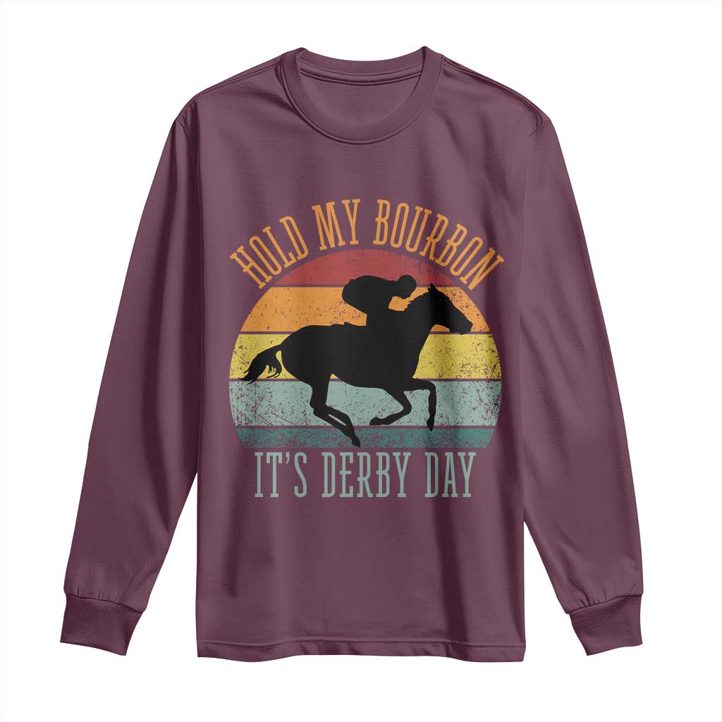 Hold My Bourbon It’s Derby Day Vintage Sunset Long Sleeve Shirt Funny Horse Racing Enthusiast Retro Graphic