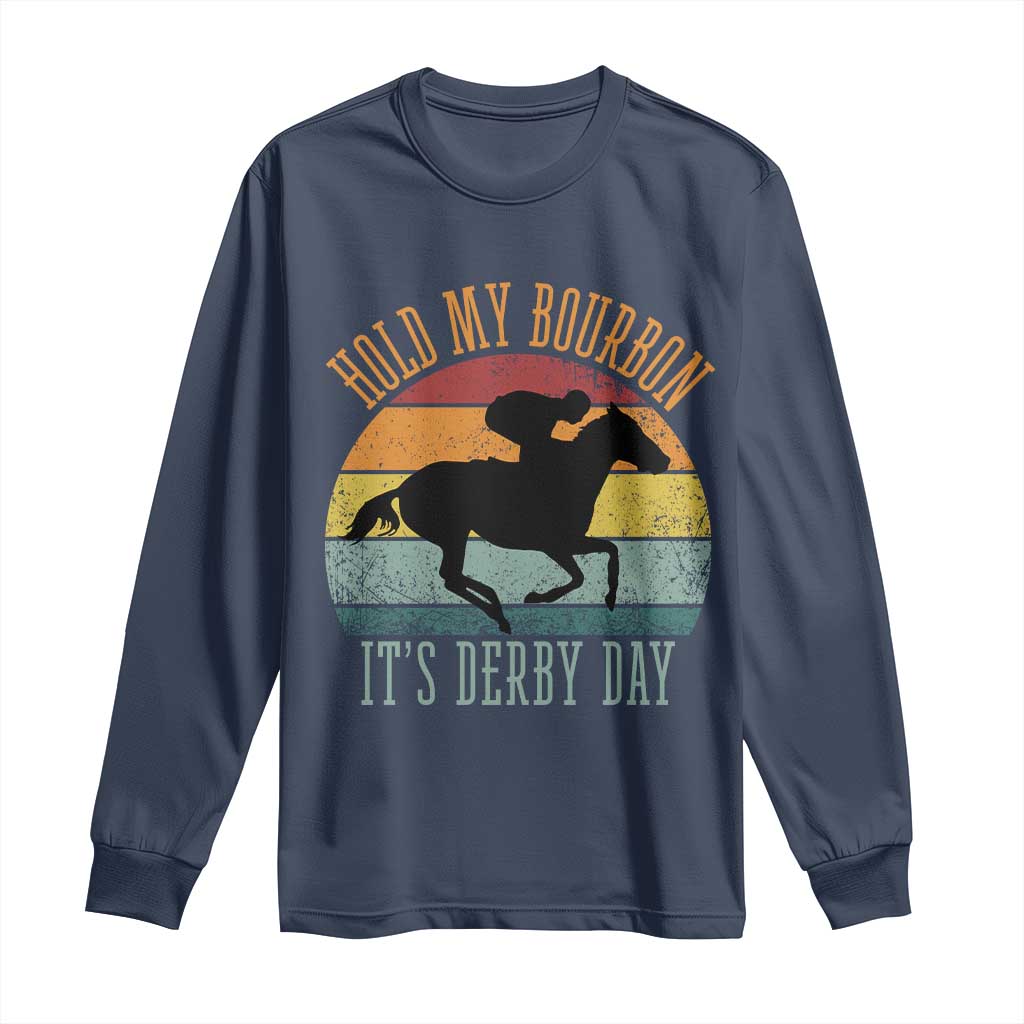 Hold My Bourbon It’s Derby Day Vintage Sunset Long Sleeve Shirt Funny Horse Racing Enthusiast Retro Graphic