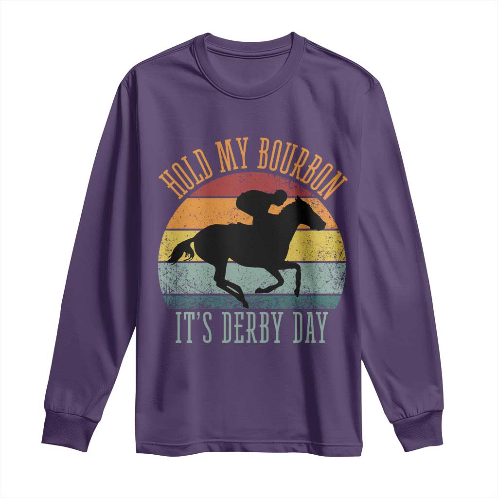 Hold My Bourbon It’s Derby Day Vintage Sunset Long Sleeve Shirt Funny Horse Racing Enthusiast Retro Graphic