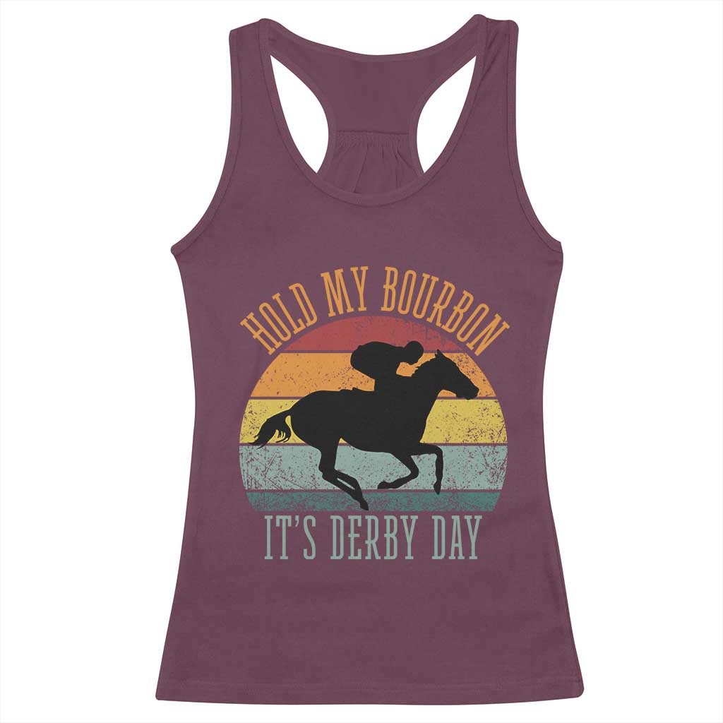 Hold My Bourbon It’s Derby Day Vintage Sunset Racerback Tank Top Funny Horse Racing Enthusiast Retro Graphic