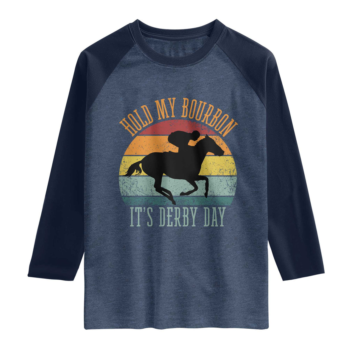 Hold My Bourbon It’s Derby Day Vintage Sunset Raglan Shirt Funny Horse Racing Enthusiast Retro Graphic