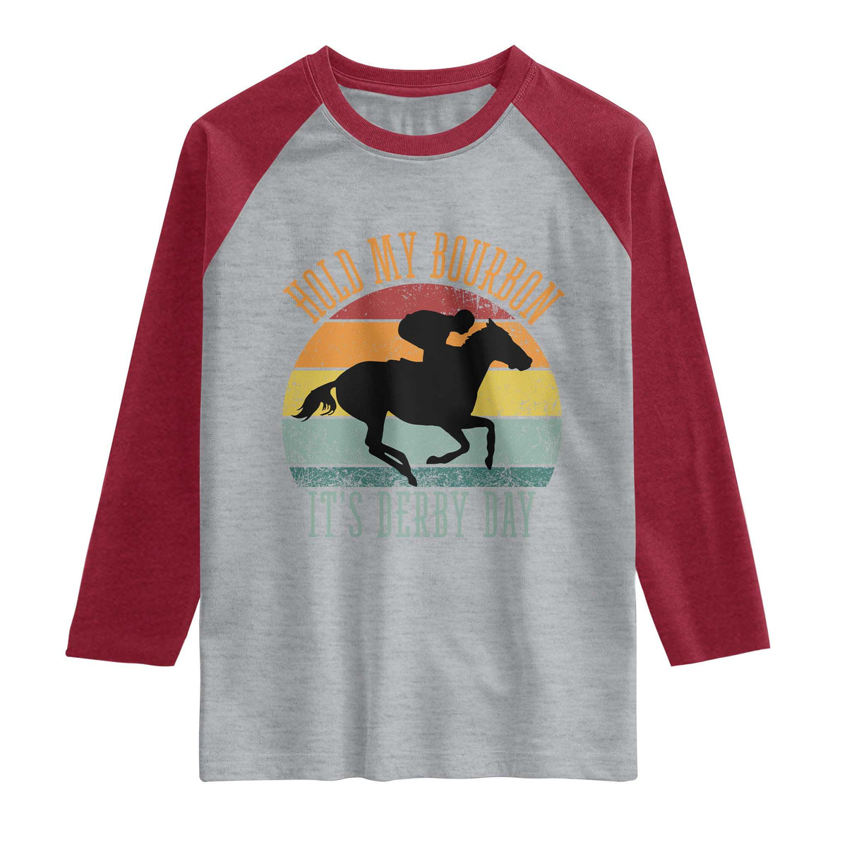 Hold My Bourbon It’s Derby Day Vintage Sunset Raglan Shirt Funny Horse Racing Enthusiast Retro Graphic