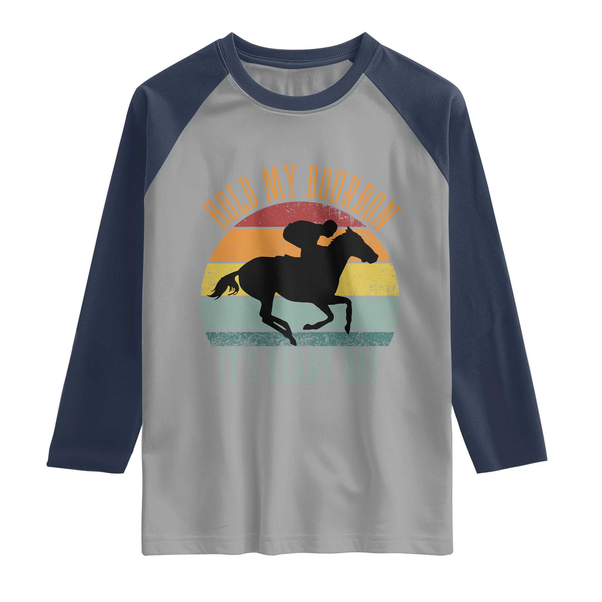 Hold My Bourbon It’s Derby Day Vintage Sunset Raglan Shirt Funny Horse Racing Enthusiast Retro Graphic
